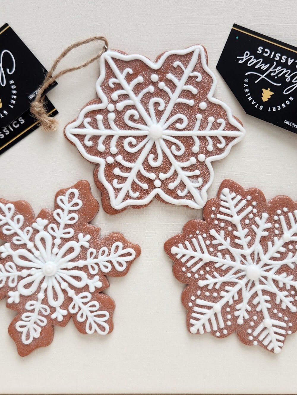 Iced Snowflake Gingerbread Cookie Clay Ornaments, Set of 3, New w/ Tag